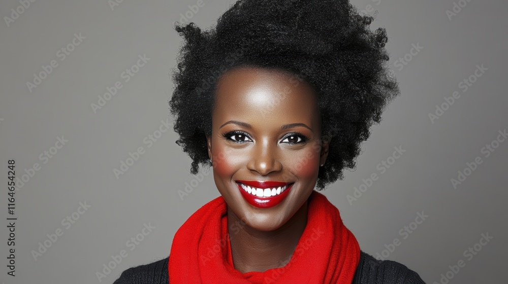 Portrait of a smiling woman with red lipstick and scarf against a neutral background Portrait of a smiling woman with red lipstick and scarf against a neutral background