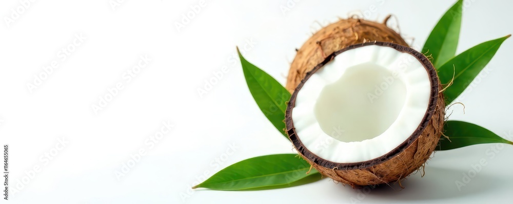 Close-up of half coconut with leaves against white background, food, coconut Close-up of half coconut with leaves against white background, food, coconut