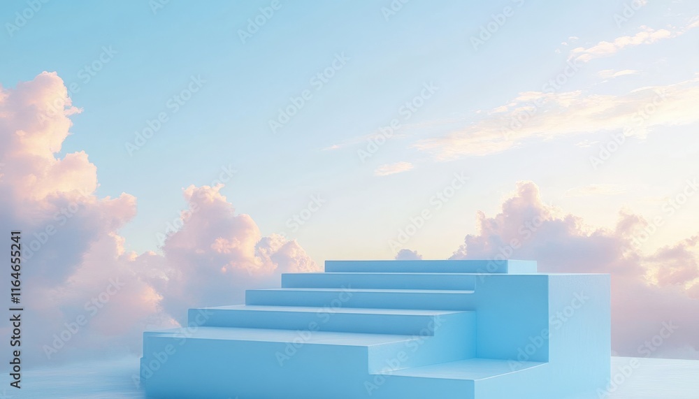 Fototapeta premium Serene Pastel Blue Steps in Dreamy Cloudy Sky Background Abstract Minimalist Product Display