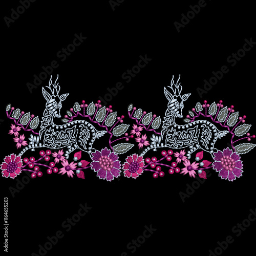 A beautiful embroidery daman border design with bouquet floral motifs leafs leaves and baroques ornaments for digital and textile print on fabric.