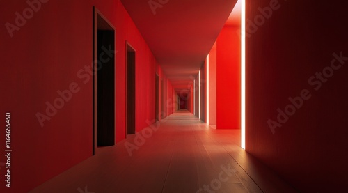 Le couloir d'un hôtel aux murs rouges et avec un sol en bois. Lumière artificielle illuminant la pièce, créant une atmosphère mystérieuse. photo