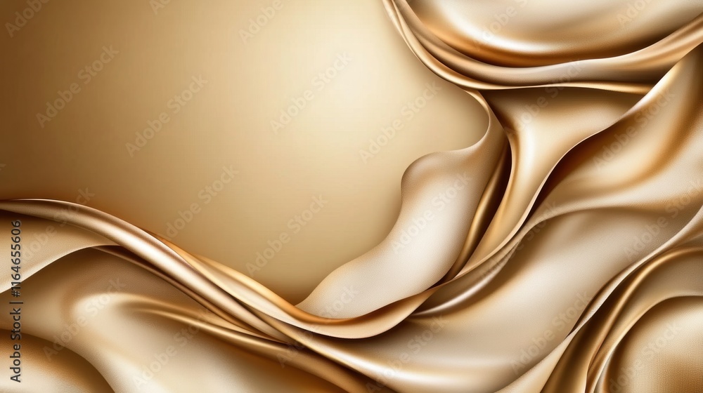 Fototapeta premium Flowing gold satin fabric forming abstract waves with smooth texture and luxurious appearance.