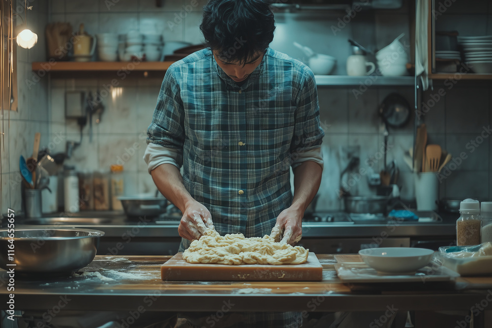 Man skillfully prepares cake dough in a rustic kitchen setting before baking Man skillfully prepares cake dough in a rustic kitchen setting before baking