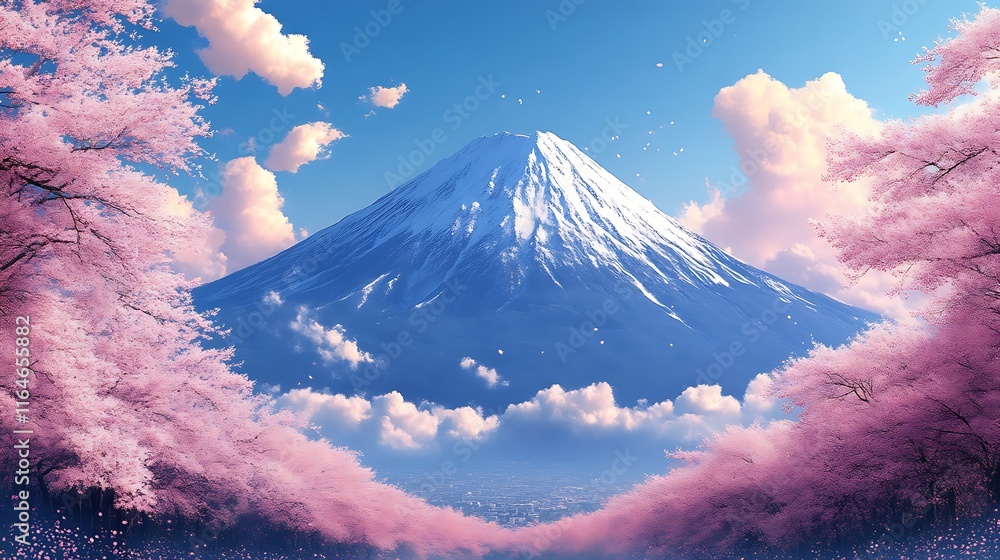 Obraz premium Mount Fuji Majestically Rises Beyond Blossoming Cherry Trees