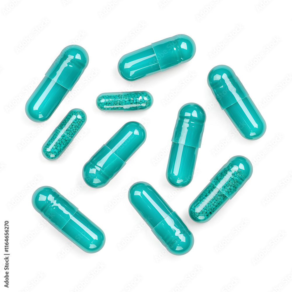 Medical blue capsules pile top view isolated on white Medical blue capsules pile top view isolated on white