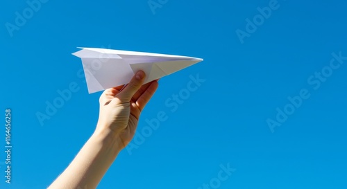Hand holding paper airplane against clear blue sky