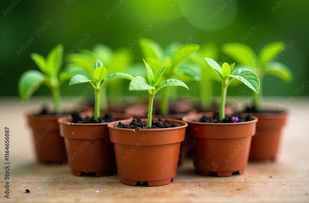 Growing seedlings in small pots on a wooden table for gardening and nature enthusiasts Growing seedlings in small pots on a wooden table for gardening and nature enthusiasts