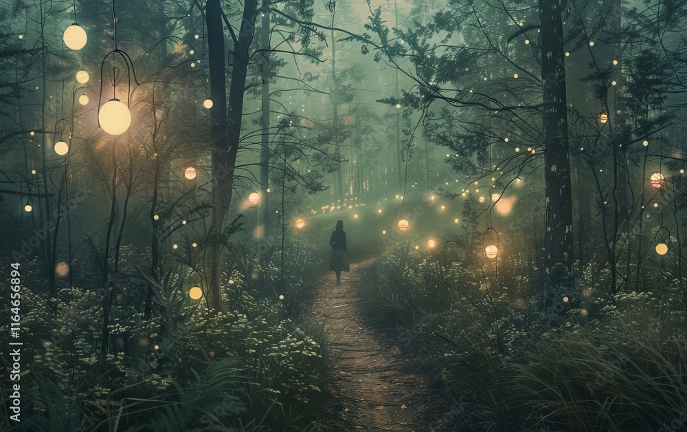 Fototapeta premium forest with small glowing orbs floating