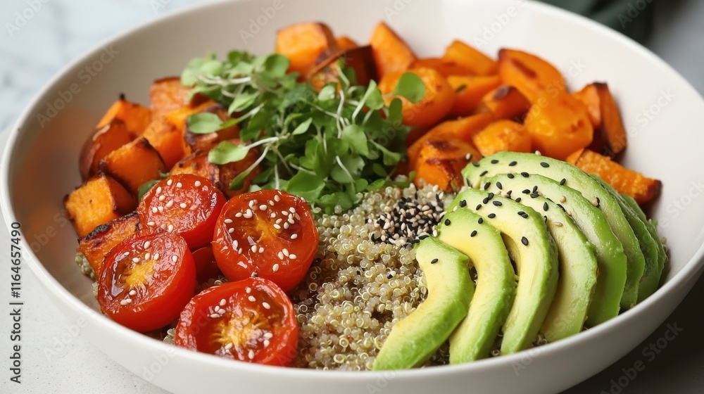Vegan bowl with quinoa sweet potatoes avocado and cherry tomatoes Vegan bowl with quinoa sweet potatoes avocado and cherry tomatoes