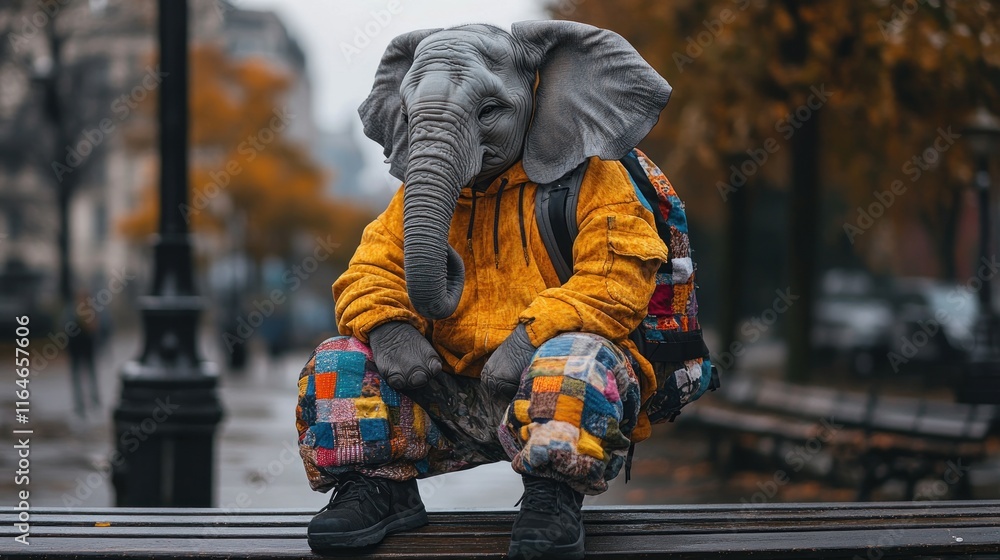 A person wearing an elephant mask and colorful outfit sits on a bench in an urban setting. A person wearing an elephant mask and colorful outfit sits on a bench in an urban setting.