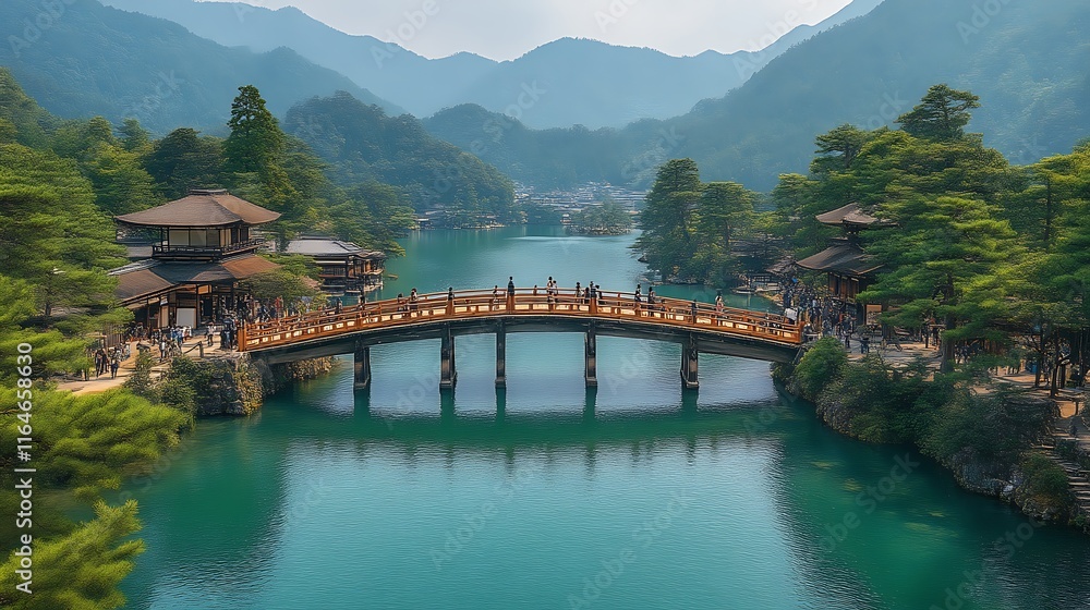 Scenic Japanese Bridge Across Calm River Valley Scenic Japanese Bridge Across Calm River Valley