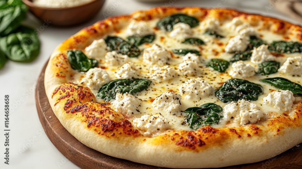 Delicious spinach and ricotta pizza on wooden board. Delicious spinach and ricotta pizza on wooden board.