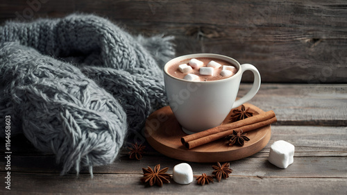 A festive New Year's scene with a cup of hot cocoa topped with fluffy marshmallows, surrounded by cinnamon sticks and holiday decorations. photo