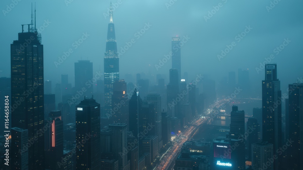 Fototapeta premium Cyberpunk Cityscape: Futuristic Metropolis in a Rainy Night