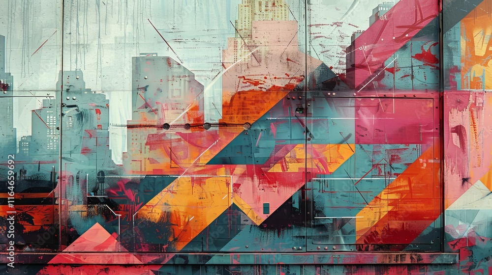 The image presents a digitally enhanced or stylized representation of urban graffiti, featuring a predominantly abstract composition. Geometric shapes, primarily triangles and The image presents a digitally enhanced or stylized representation of urban graffiti, featuring a predominantly abstract composition. Geometric shapes, primarily triangles and