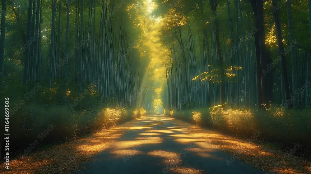 Fototapeta premium Sunlit Path Through A Lush Bamboo Forest