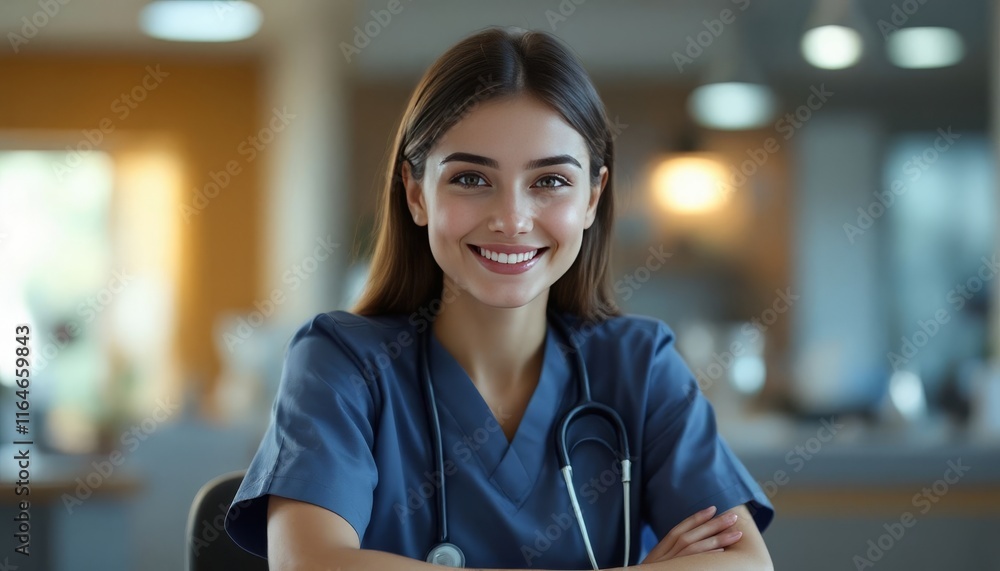 Portrait of smiling young female doctor wearing scrubs and stethoscope in hospital setting Portrait of smiling young female doctor wearing scrubs and stethoscope in hospital setting