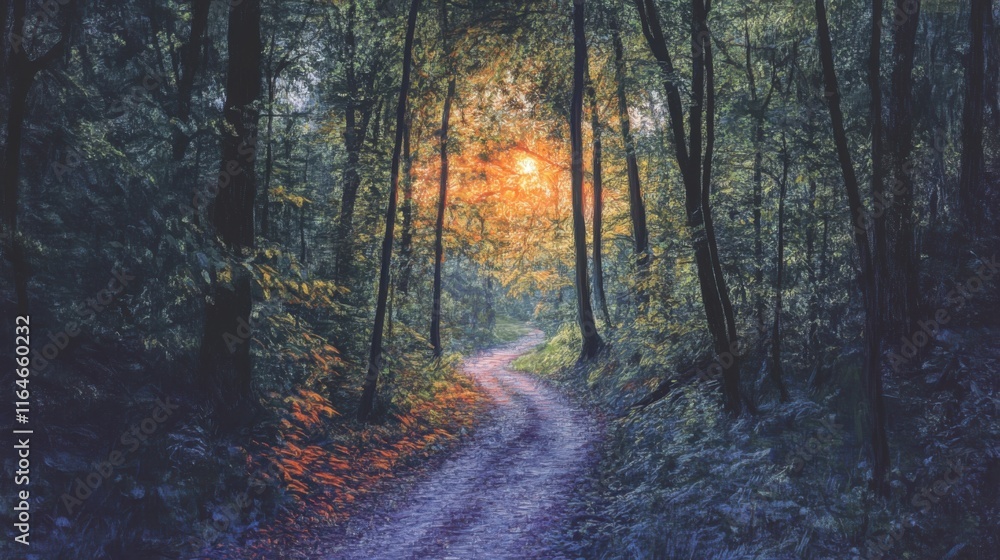 Obraz premium A quiet forest path at twilight, digital painting, cool tones, ethereal light