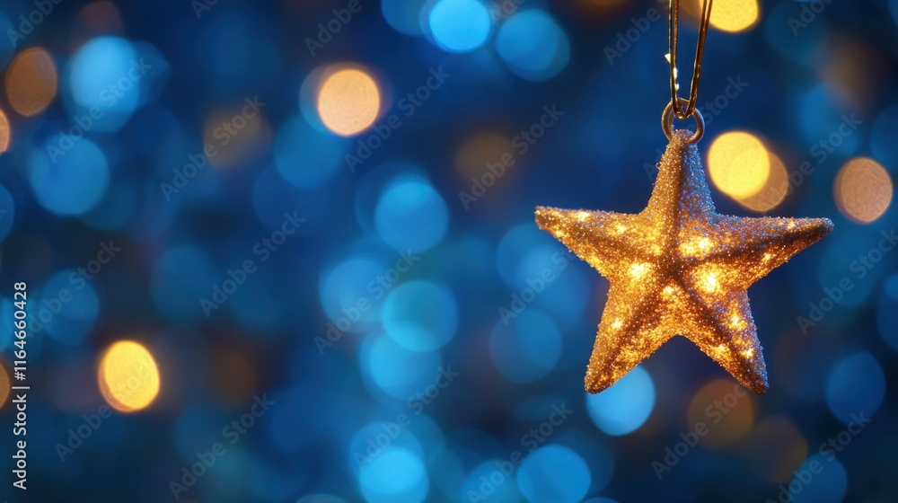Christmas Stars string Lights On Blue Night - Abstract Defocused Bokeh In Background Christmas Stars string Lights On Blue Night - Abstract Defocused Bokeh In Background
