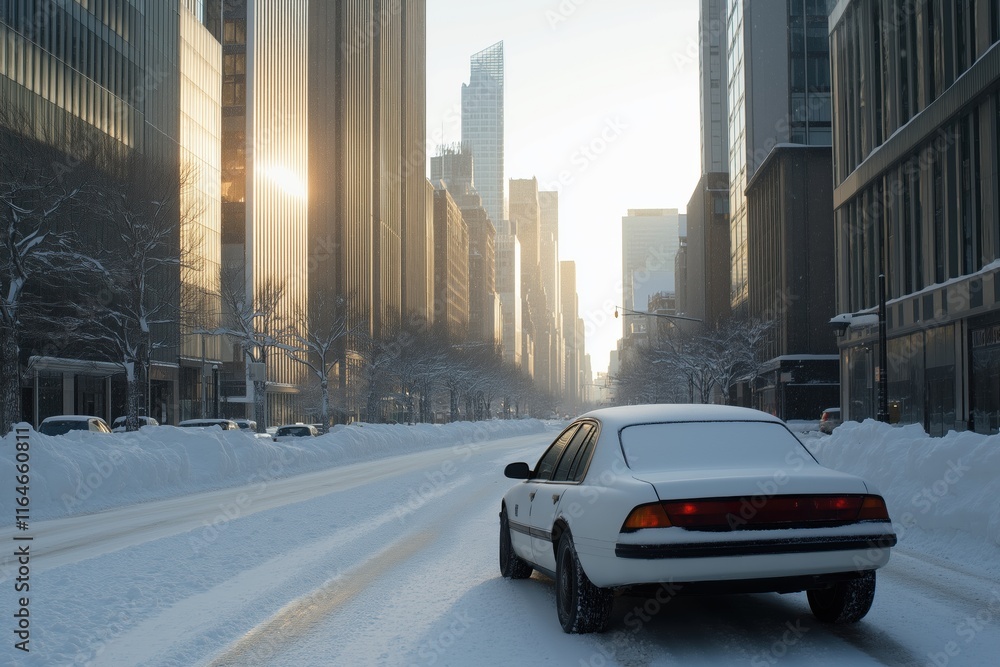 Fototapeta premium A car is driving down a snowy street in a city. The sun is shining brightly, creating a beautiful contrast between the bright light and the white snow. The car is parked on the side of the road