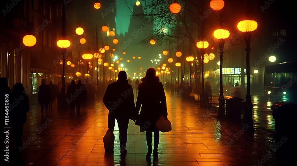 Couple Walking Night Street City Lights Couple Walking Night Street City Lights