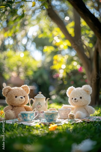 Cute teddy bears enjoy a charming tea party in a sunny garden setting during springtime