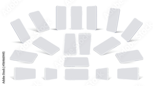 Realistic Smartphone and Clay Phone Mockup Collection - White Mobile Devices in Front, Side, Top, Bottom, and Perspective Views with Blank Screens. Vector