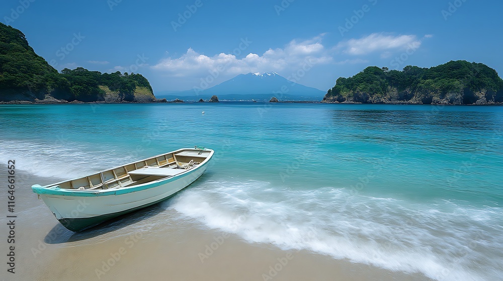 Serene Coastal Scene With Boat And Mountain View