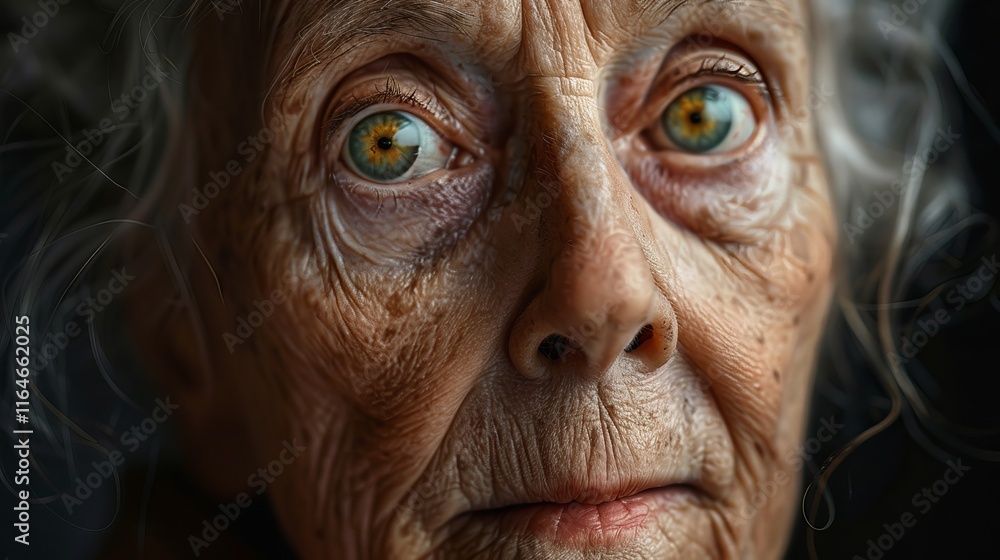 A close-up, high-contrast portrait photograph depicts the face of an elderly woman. The image features highly detailed texture in the skin, showing wrinkles and lines indicative A close-up, high-contrast portrait photograph depicts the face of an elderly woman. The image features highly detailed texture in the skin, showing wrinkles and lines indicative