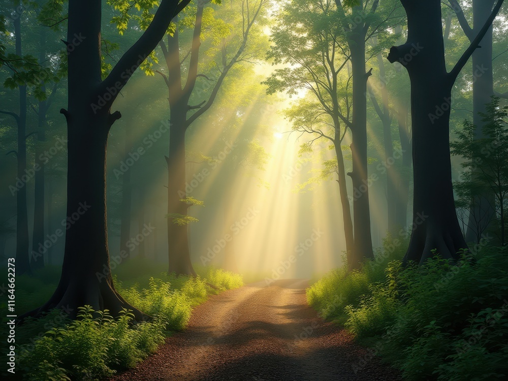 Obraz premium Light filters through trees along a serene forest pathway surrounded by lush greenery in the early morning