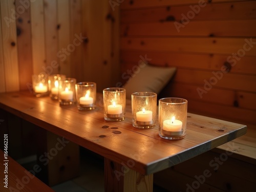 Soft candlelight illuminates a cozy wooden interior during evening hours, creating a warm and inviting ambiance for relaxation photo