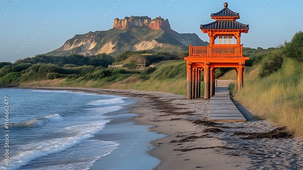 Orange Pavilion Coastal View Scenic Mountain Background Orange Pavilion Coastal View Scenic Mountain Background