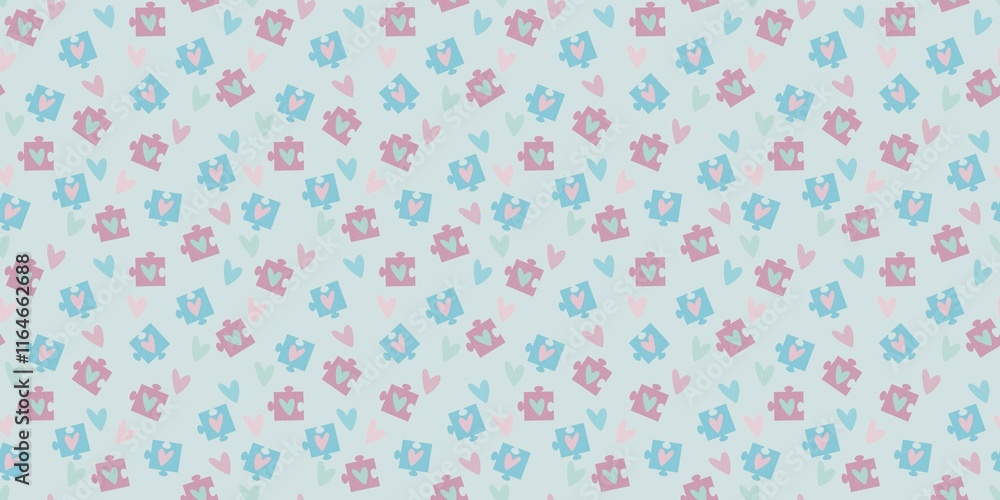 Seamless pattern with hearts and puzzles. Light blue background. Seamless pattern with hearts and puzzles. Light blue background.