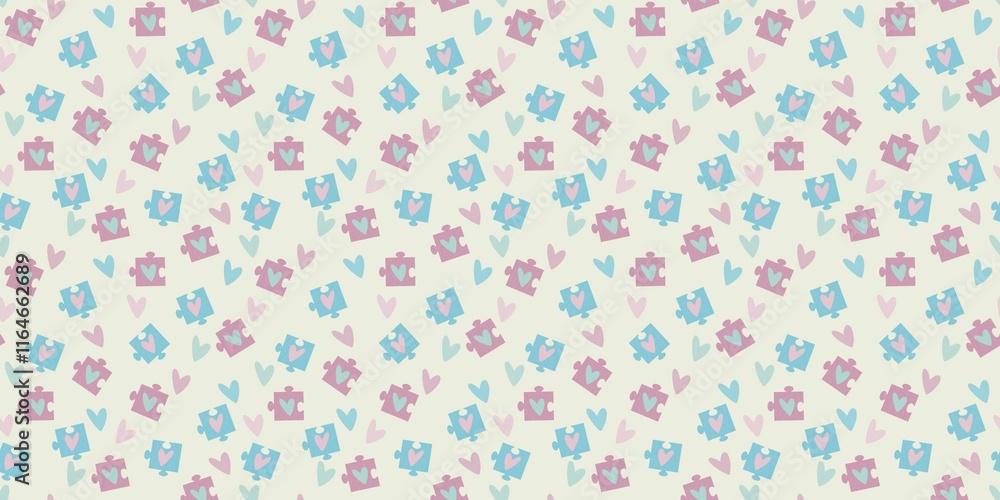 Seamless pattern with hearts and puzzles. Light yellow background. Seamless pattern with hearts and puzzles. Light yellow background.