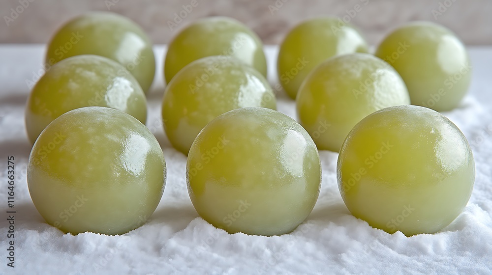 Green spheres rest on a white powdery surface Green spheres rest on a white powdery surface