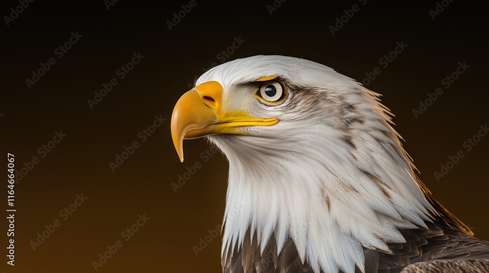 Obraz premium A majestic bald eagle gazes intensely, showcasing its sharp beak and striking feathers against a dark background.