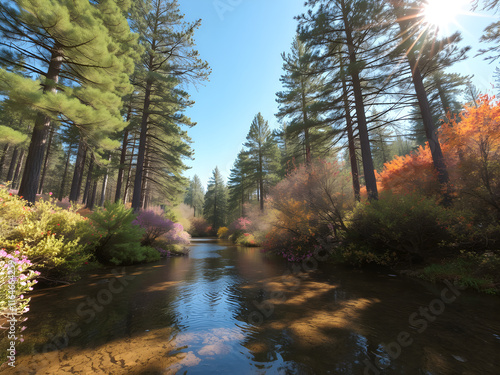 The image showcases the interplay of colors and light in the forest. Adorned with colorful flowers, the trees and shrubs create a vibrant tapestry of hues, complemented by the mirror-like waters and h photo