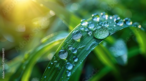 Close-up macro photograph of a single blade of grass. Multiple water droplets of varying sizes adhere to the blade's surface.  The droplets exhibit spherical shapes with high photo