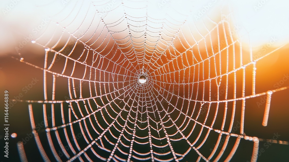 Naklejka premium A close-up view of a spider web glistening with dew, illuminated by soft sunlight, creating a mesmerizing natural pattern.