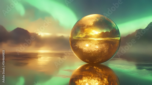 Softly glowing auroral light reflected in an abstract golden sphere, sphere, orb, shine. Auroral. Illustration