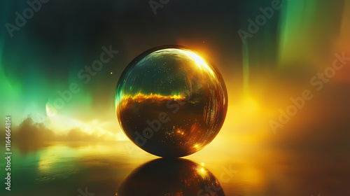Softly glowing auroral light reflected in an abstract golden sphere, sphere, orb, shine. Auroral. Illustration
