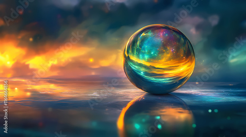 Softly glowing auroral light reflected in an abstract golden sphere, sphere, orb, shine. Auroral. Illustration