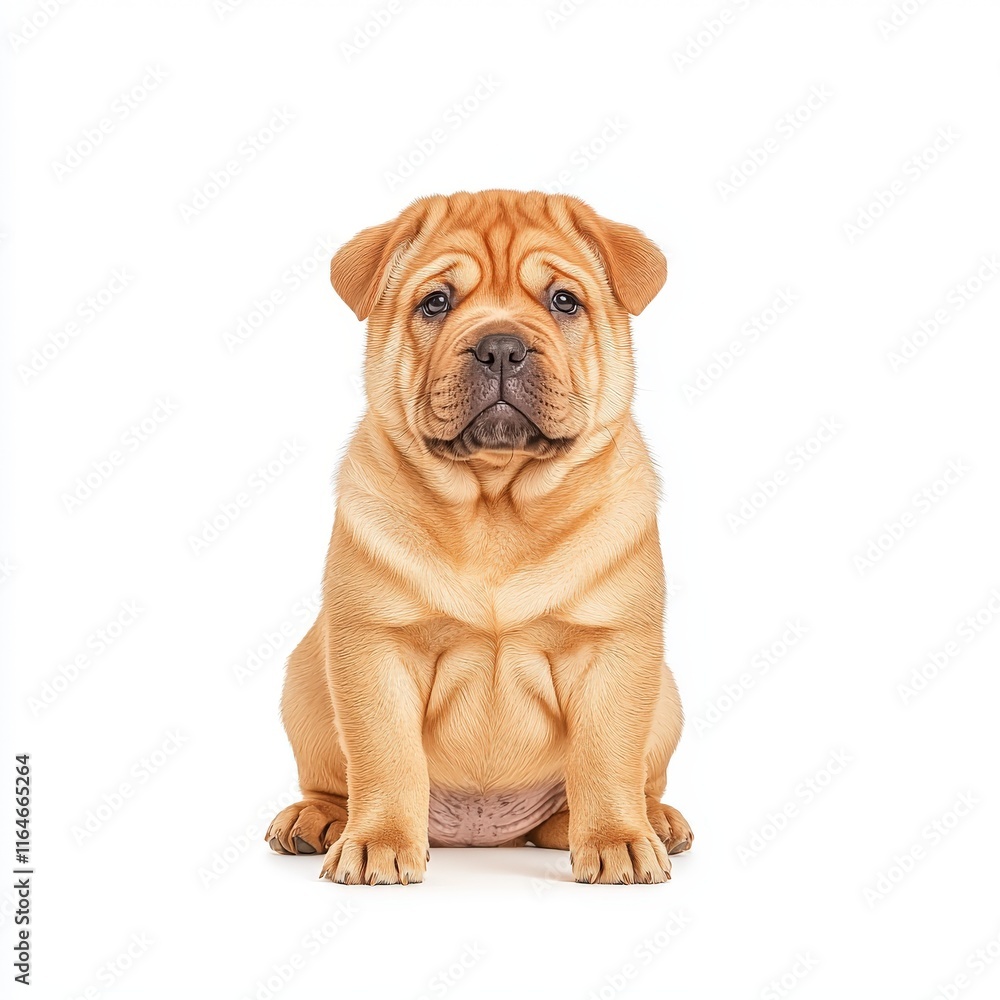 Charming Shar Pei puppy with a wrinkled face, sitting gracefully against a white background, showcasing its adorable features. Charming Shar Pei puppy with a wrinkled face, sitting gracefully against a white background, showcasing its adorable features.