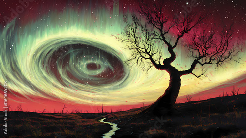 The flowing of tree sap marking the beginning of spring, under the auroral oval. Auroral. Illustration photo