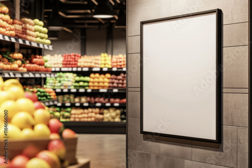  A blank white A3 poster hanging on the wall of a grocery food store, with fruit on the shelves in the background, photo-realistic, cinematic lighting, hyper-detailed, supermarket