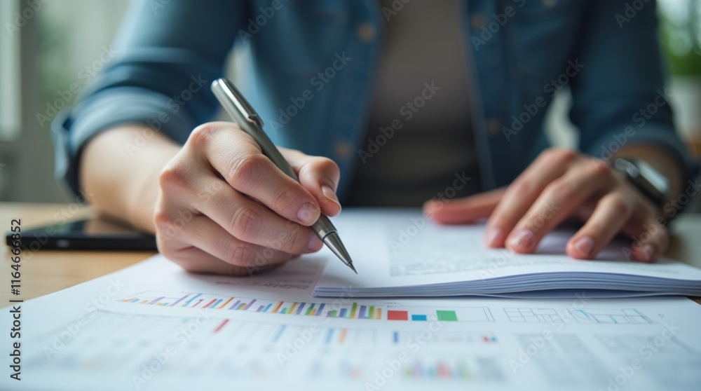 Businessman hands gripping a pen tightly while looking at a stack of paperwork Businessman hands gripping a pen tightly while looking at a stack of paperwork