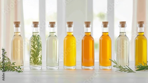 Wallpaper Mural Various glass bottles filled with herb infused oils are arranged with fresh herbs nearby Torontodigital.ca