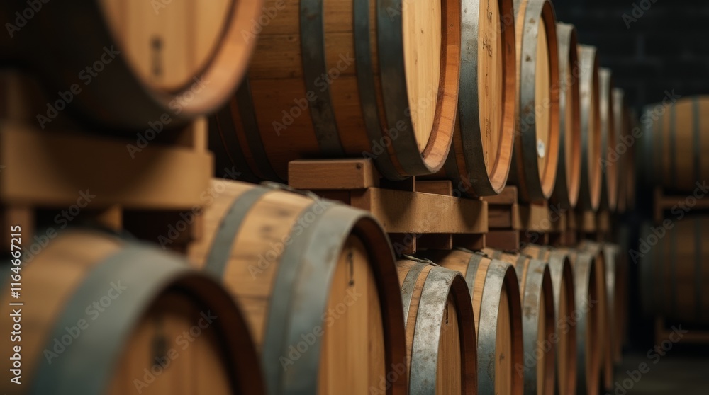 Wooden wine barrels stacked in a rustic winery, showcasing rich textures and soft light, evoking a sense of tradition and authenticity. Wooden wine barrels stacked in a rustic winery, showcasing rich textures and soft light, evoking a sense of tradition and authenticity.