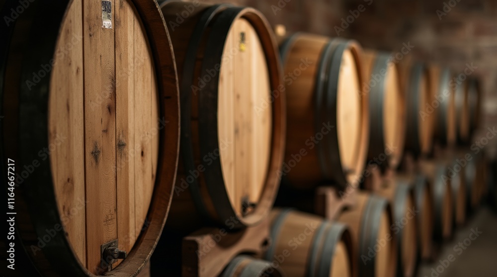 Wooden wine barrels stacked in a rustic winery, showcasing rich textures and soft light, evoking a sense of tradition and authenticity. Wooden wine barrels stacked in a rustic winery, showcasing rich textures and soft light, evoking a sense of tradition and authenticity.