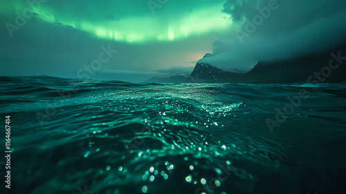 Shimmering auroral light on the surface of the sea , aurora, flowing. Auroral. Illustration